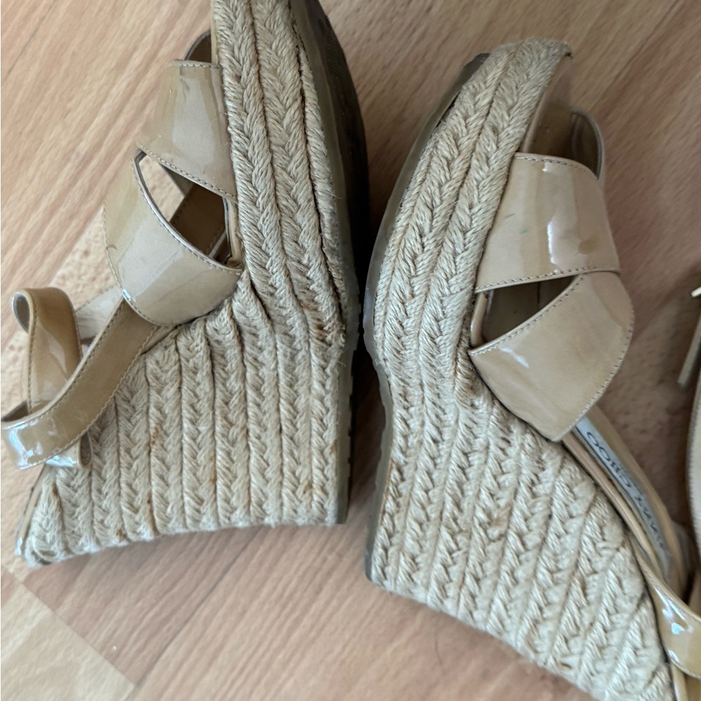 Jimmy Choo Beige Wedge Sandals with Crisscross Straps